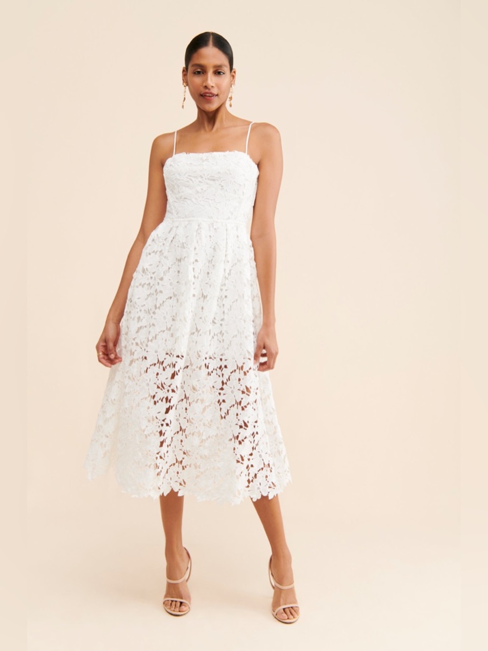 Astr Joyce white lace midi dress with corset tie back and structured bodice